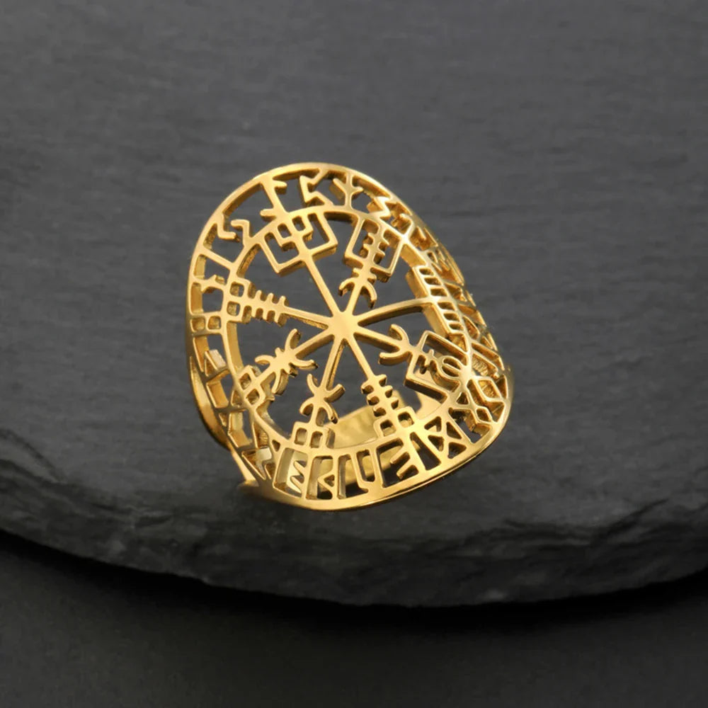 Pierścionek Vegvisir Kompas Runiczny Wiking złoty