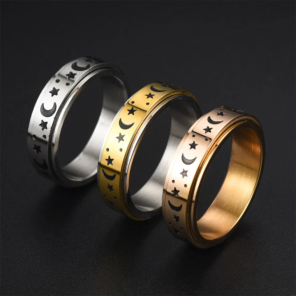 Pierścionek Obracający się Antystresowy z Gwiazdami i Księżycami złoty