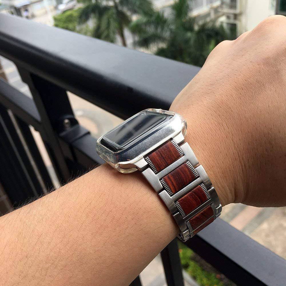 Bransoletka Apple Watch z drewna w kolorze srebrnym i brązowym