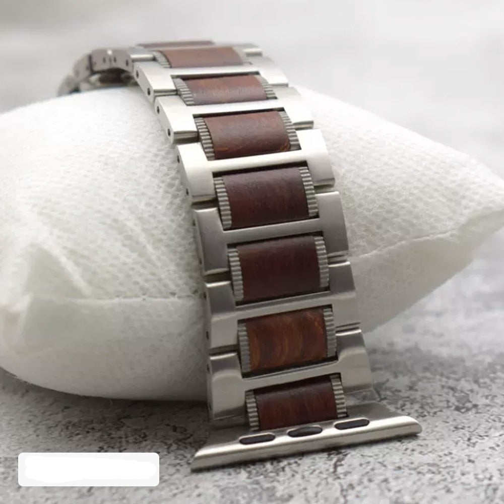 Bransoletka Apple Watch z drewna w kolorze srebrnym i brązowym