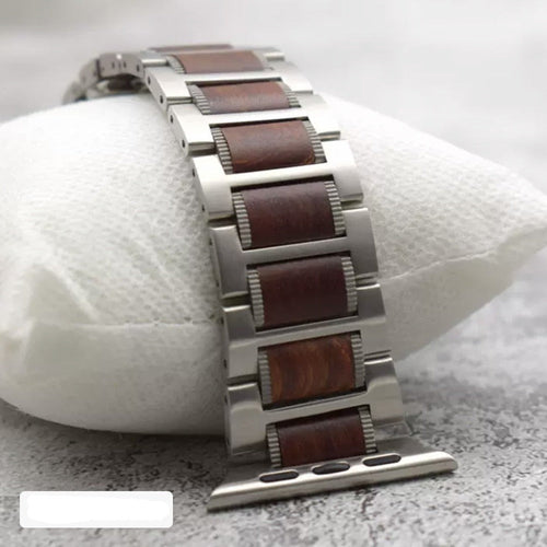 Bransoletka Apple Watch z drewna w kolorze srebrnym i brązowym
