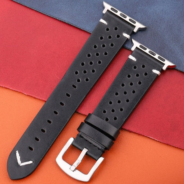 Pasek do Apple Watch z prawdziwej skóry czarny i srebrny