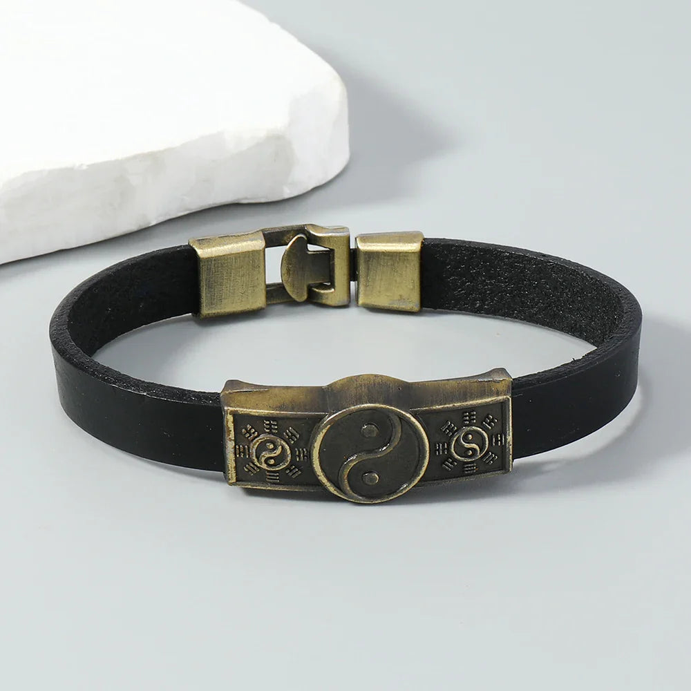 Bransoletka z czarnej skóry Yin Yang