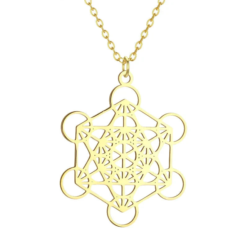 Naszyjnik z dużym wisiorkiem w kształcie sześcianu Metatrona złoty