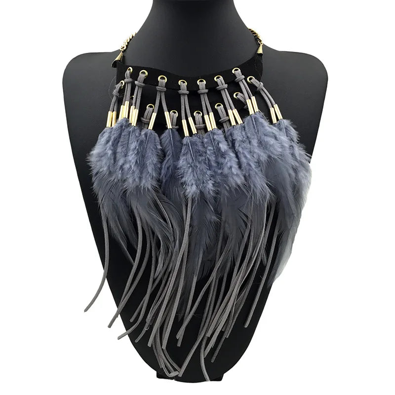 Naszyjnik z wisiorkiem choker etniczne pióro szare