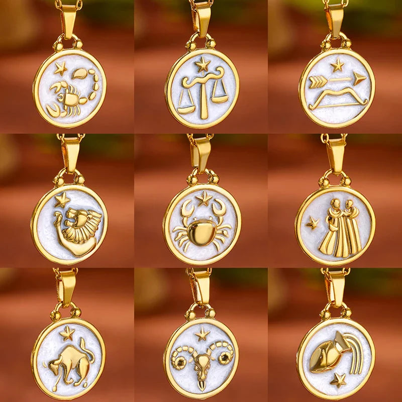 Złoty i biały naszyjnik z zawieszką Znaki Zodiaku 12 Konstelacji
