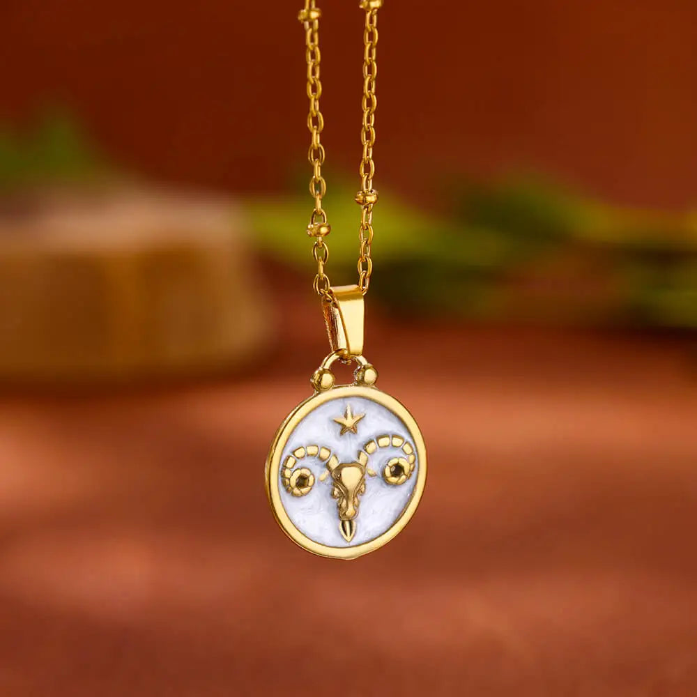 Złoty i biały naszyjnik z zawieszką Znaki Zodiaku 12 Konstelacji baran