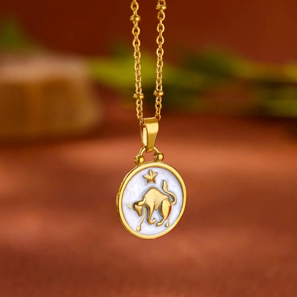 Złoty i biały naszyjnik z zawieszką Znaki Zodiaku 12 Konstelacji byk