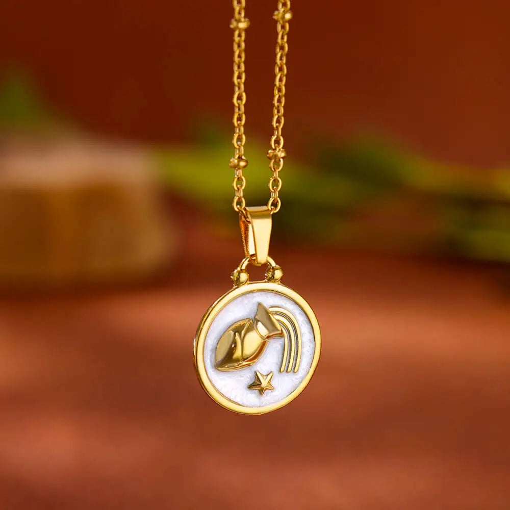 Złoty i biały naszyjnik z zawieszką Znaki Zodiaku 12 Konstelacji ryby