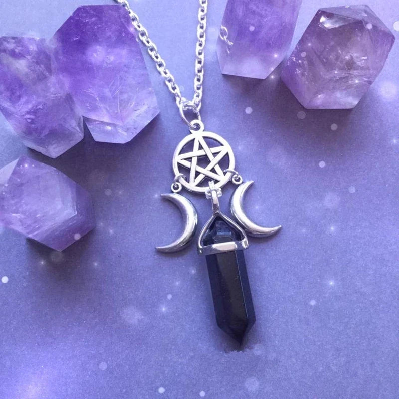 Naszyjnik z zawieszką potrójnego księżyca czarownictwo wicca kobieta czarny pentagram