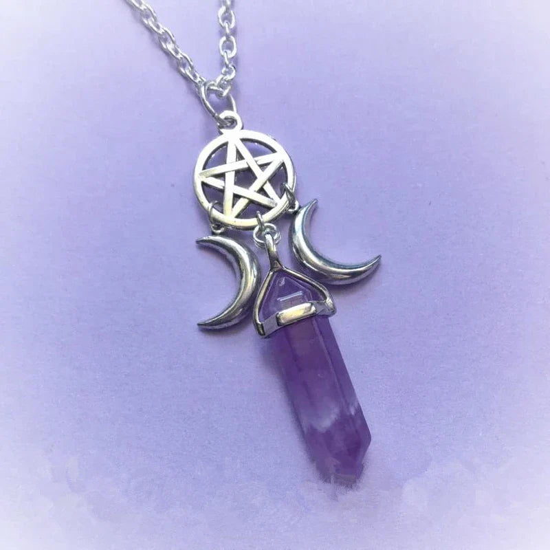 Naszyjnik z zawieszką potrójnego księżyca czarownictwo wicca kobieta fioletowy pentagram