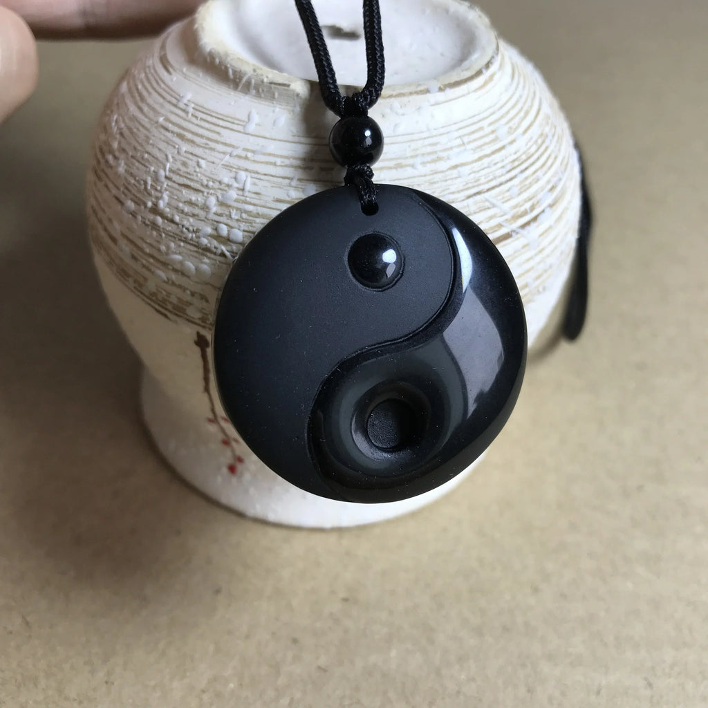 Naszyjnik Pleciony z Zawieszką z Kamienia Obsydianu Czarnego Yin Yang
