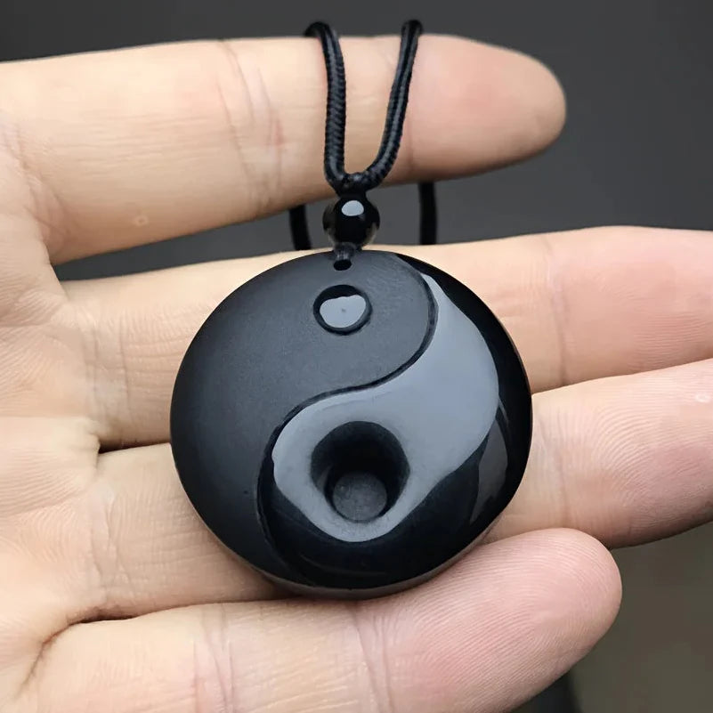Naszyjnik Pleciony z Zawieszką z Kamienia Obsydianu Czarnego Yin Yang