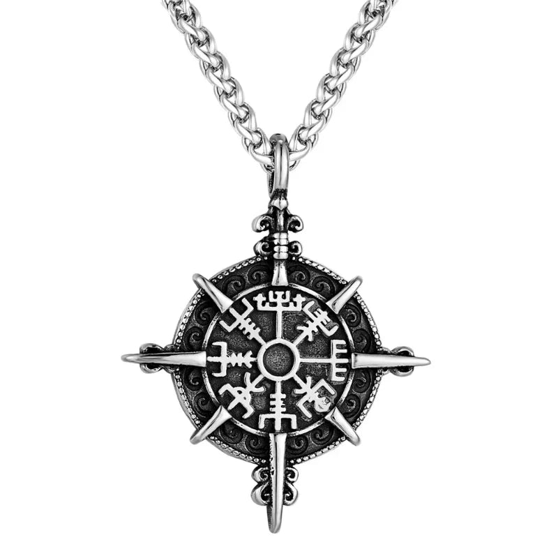 Naszyjnik wikingów z wisiorkiem kompasu Vegvisir srebrny